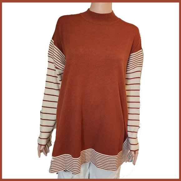 Daytrip Sweaters - Daytrip Mock Neck Tunic Sweater Cream & Tan Small